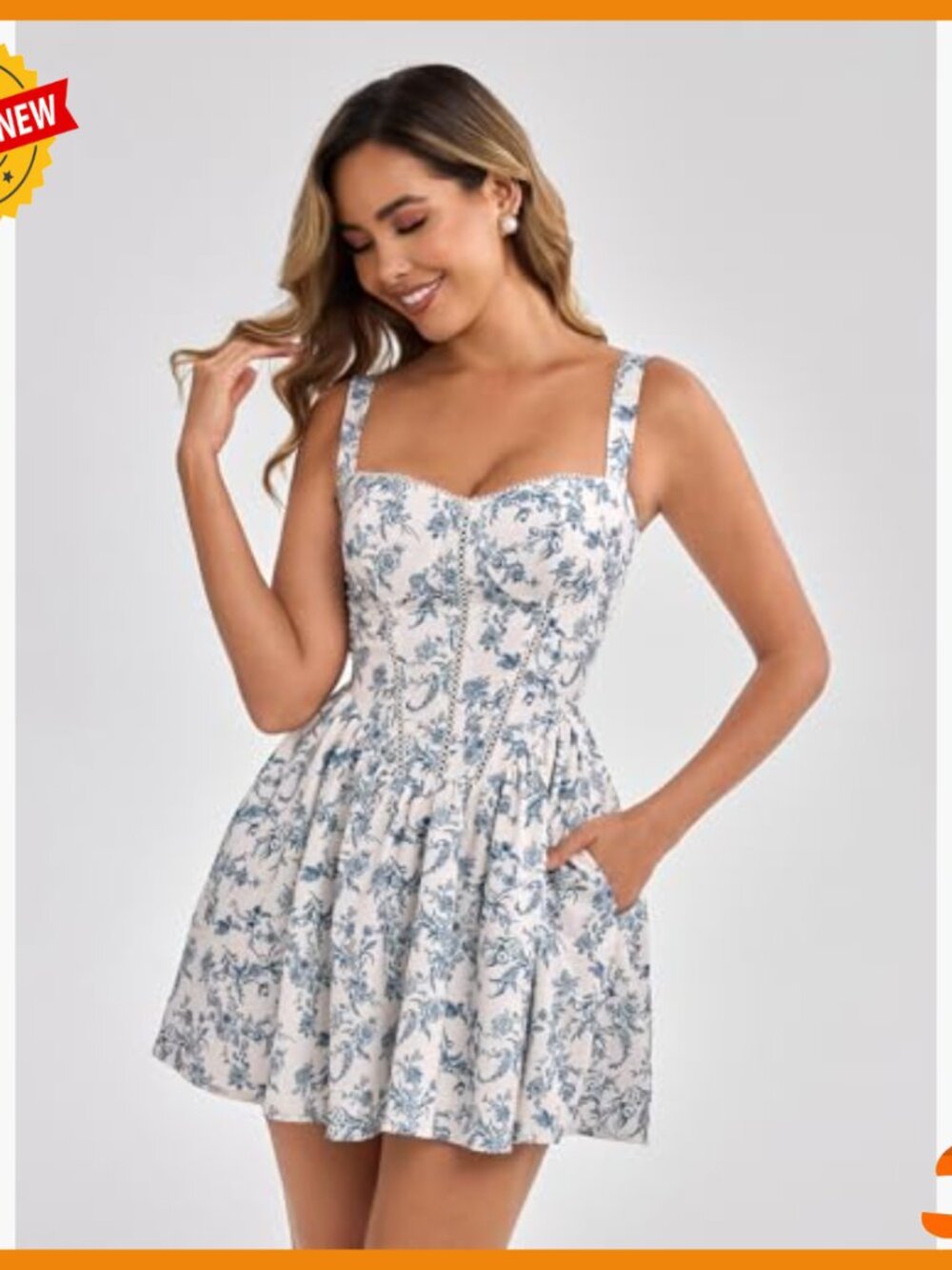 Floral Corset Mini Dress with Pockets, Smocked Back, Adjustable Straps - Picture 2 of 7